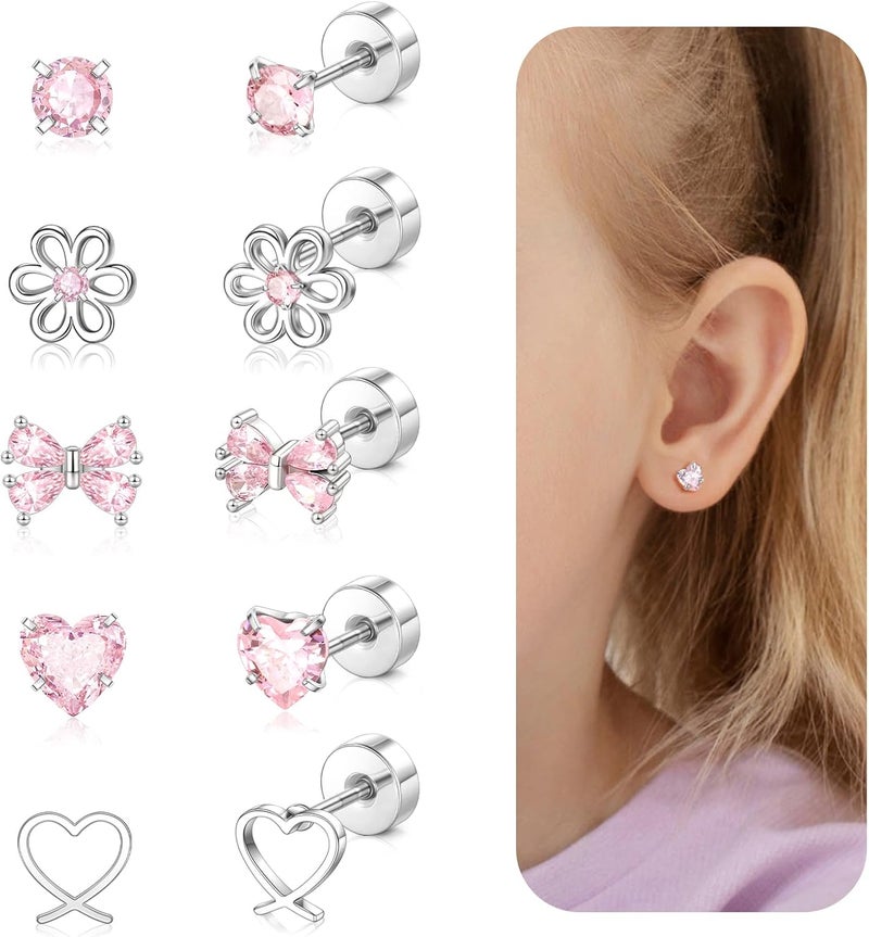 DALI Hypoallergenic Earrings for Girls,Toddler Screw Back Earrings for Kids Baby Women,Lightweight Surgical Steel Cute Pink Bow Butterfly Heart Flower CZ Flat Back Stud Earring for Sensitive Ears - Image 1